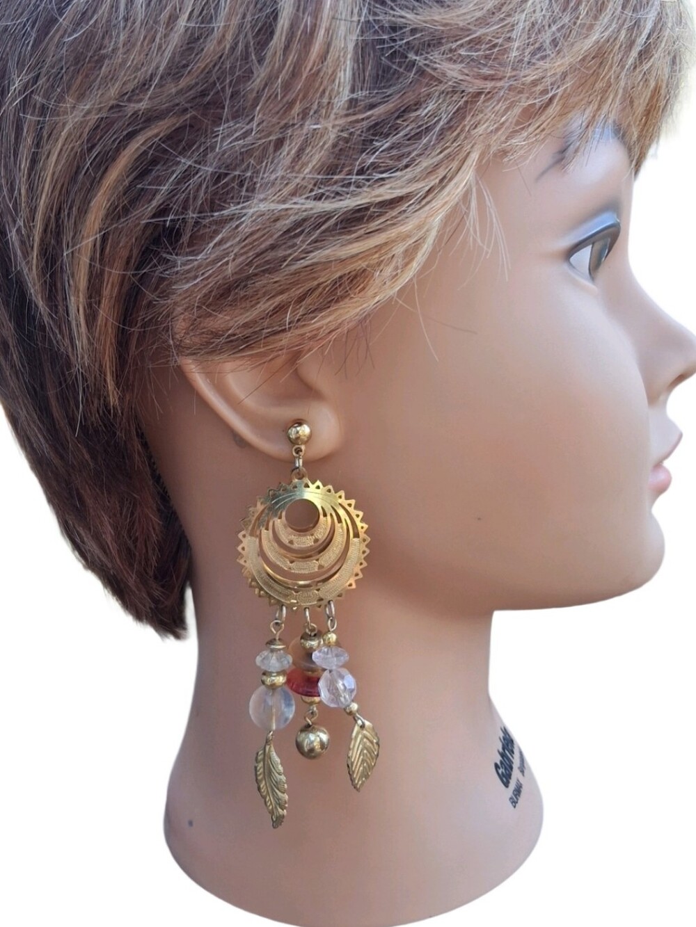 Vintage Gold Tone Filigree Chandelier Dangle Earrings Beaded Leaf Charm Studs